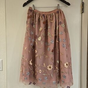 See You Monday Floral Embroidered A-Line Skirt in Pink
